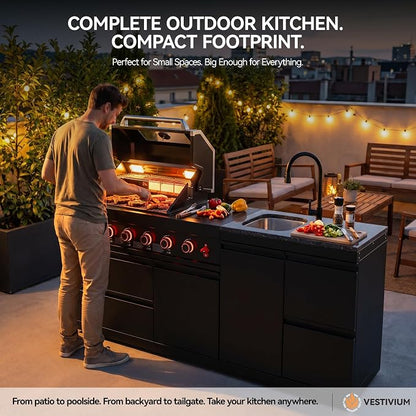 SERA C 4-Burner Propane Outdoor Kitchen Compact Patio Black | Black 304 stainless steel, 75,300 BTU + side burner, pull-out sink with drawers, soft-close, locking caster, balcony backyard