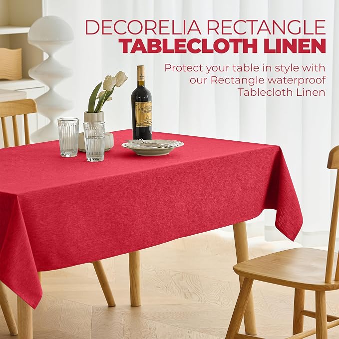 Decorelia Waterproof Faux Linen Rectangle Tablecloth, Spillproof Wrinkle Free Outdoor Reusable Table Cloth for Patio,Holiday,Banquet,Party,Buffet Dinner (Oblong,60 x 120 Inch (10-12 Seats),Red)