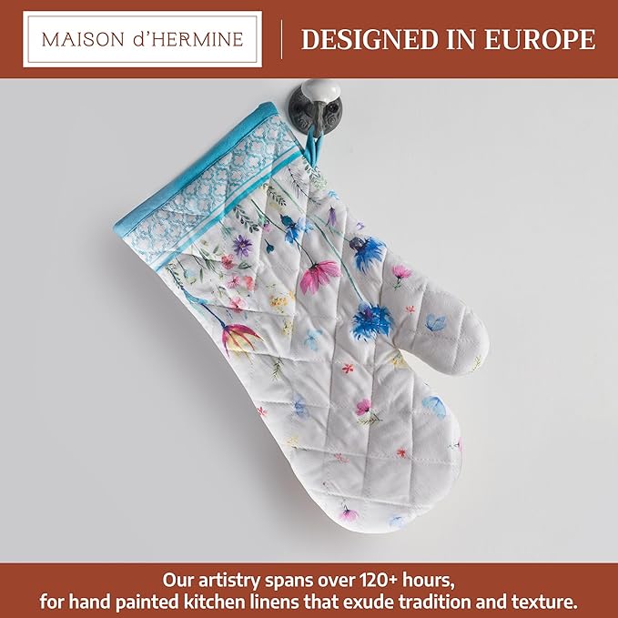 Maison d'Hermine Oven Gloves 100% Cotton Oven Mitt 7" x 13" with Loop Heat Resistant BBQ Cooking Gloves Baking Grilling Kitchen Hotel Home Farmhouse Spring Summer (Pack of 1, Flower in The Field)