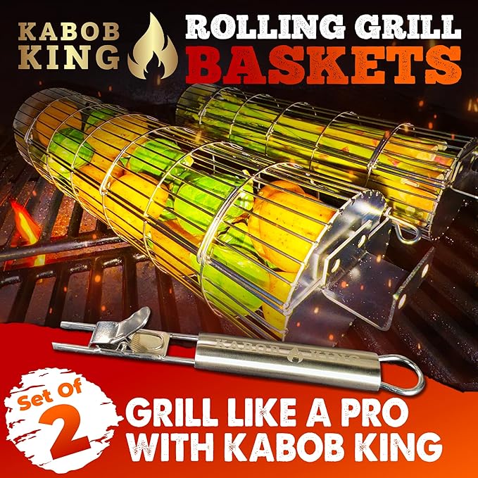 ORIGINAL Rolling Grill Basket Set of 2 w/Detachable Handle. Stainless Steel construction 2 sizes for Outdoor Camping Tailgating Grilling Vegetables