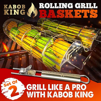 ORIGINAL Rolling Grill Basket Set of 2 w/Detachable Handle. Stainless Steel construction 2 sizes for Outdoor Camping Tailgating Grilling Vegetables
