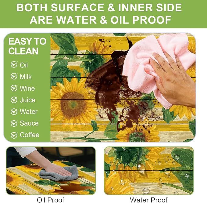 FOREVER QUEEN Picnic Table Cover with Bench Covers – Waterproof Elastic Fitted Tablecloth for 6 Foot Rectangle Tables, 3PCS Set with Drawstring Bag for Camping RV Outdoor Travel (Spring Sunflowers)