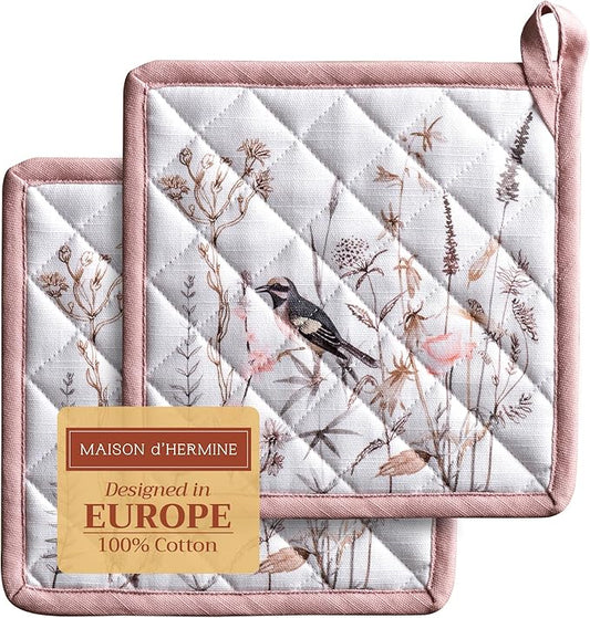 Maison d' Hermine Pot Holders 100% Cotton Heat Resistant Potholders 8" x 8" Hot Pads with Loop Baking Hotel Farmhouse Kitchen Handling Hot Pans Spring Summer (Pack of 2, Meadow Florals - Brown)