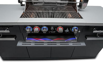 Mont Alpi Premium 70"W x 24"D Black Stainless Steel Compact Outdoor Kitchen Island with Access Doors + 32"W 4-Burner BBQ Grill with Infrared Rear Burner + Storage Cabinets + White Granite Countertops