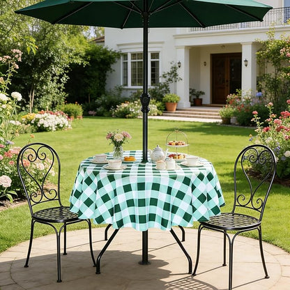 Poise3EHome Round Outdoor Tablecloth with Umbrella Hole and Zipper,Green and White Gingham 60 Inch,SpillProof Washable Table Cloth for Spring Summer Patio Garden Poolside Picnic Camping BBQS