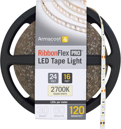 Armacost Lighting RibbonFlex Pro 24V White LED Strip Lights 120 LED/m, 2700K, 16.4 ft 136230