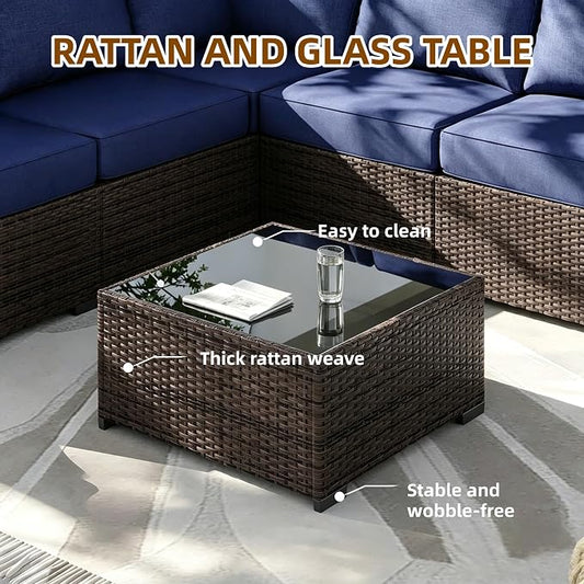 MOCHITO 7 Pieces Outdoor Patio Furniture Sets, All-Weather Sectional Sofa Dark Brown PE Rattan Wicker Conversation Set with Glass Table and Washable Blue Cushions for Backyard,Sunroom,Garden,Porch