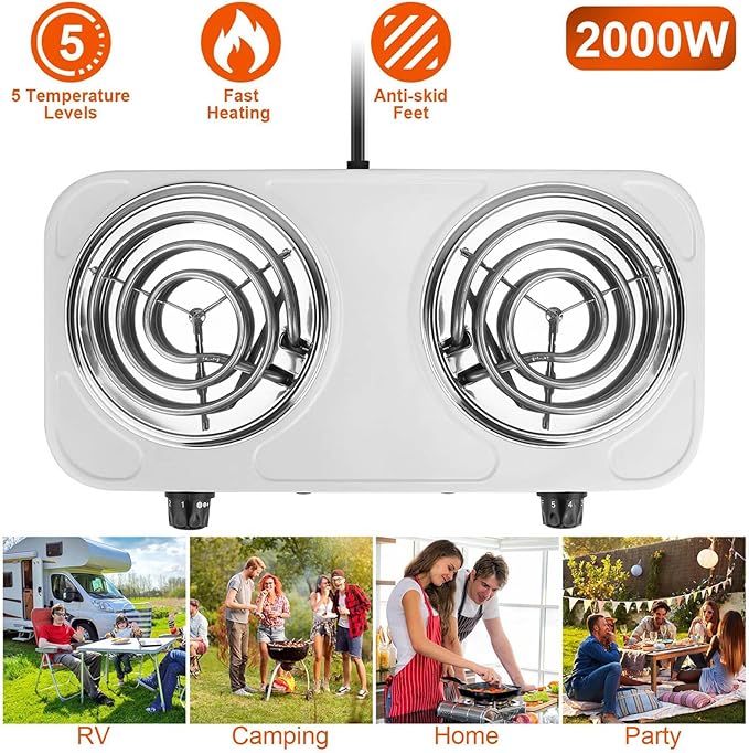 2000W Double Burner, Electric Hot Plate for Cooking Portable Cooking Stove, Countertop Burner Cooktop for Kitchen, Dorm, Temperature Control, Easy to Clean, White