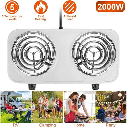 2000W Double Burner, Electric Hot Plate for Cooking Portable Cooking Stove, Countertop Burner Cooktop for Kitchen, Dorm, Temperature Control, Easy to Clean, White