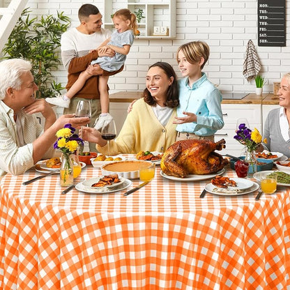 3Pcs Orange Gingham Tablecloths Round, Fall Checkered Table Cover 54x108 In | Orange and White Checkered Round Tablecloths Disposable Waterproof for Fall Picnic Halloween Barbecue Birthday Outdoor Party