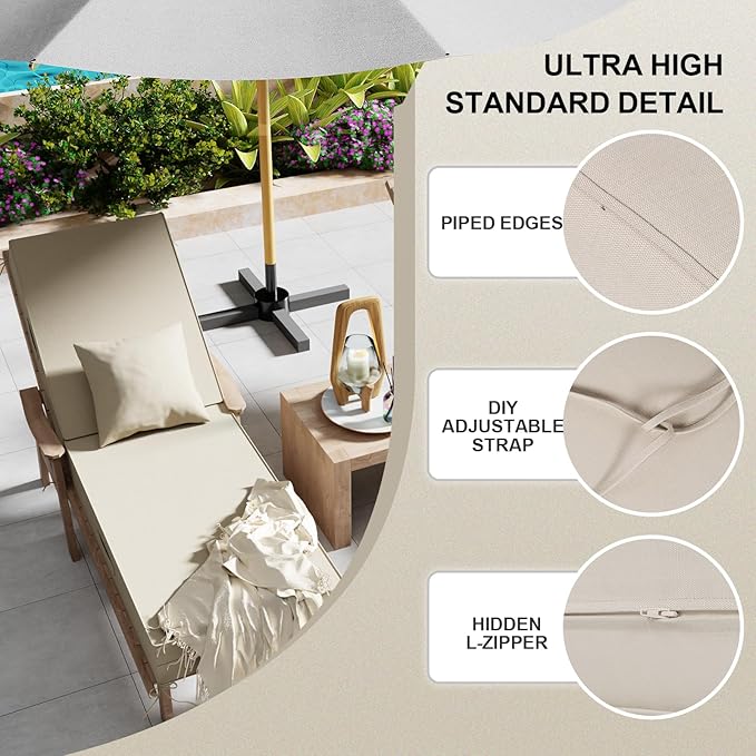 Outdoor Water-Resistant Olefin Chaise Lounge Cushions with Pillow, Weather and Fade Resistant Patio Furniture Lounge Chair Cushion Ideal for Patio, Lawn, Gray Apricot, 80" L x 26" W x 5" T