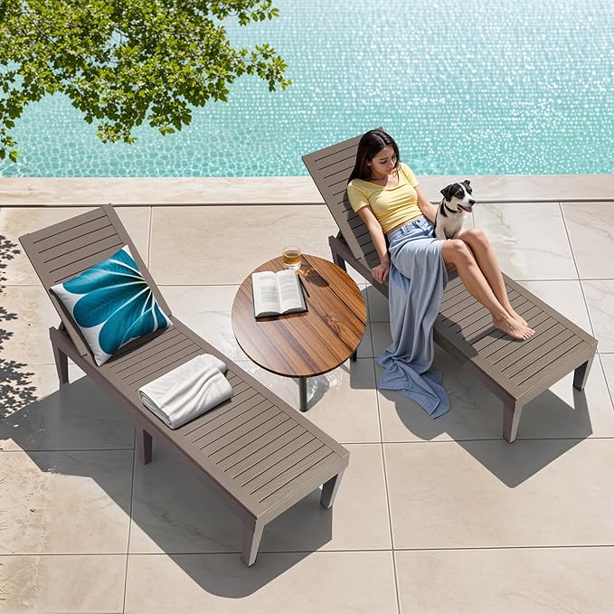 Outdoor Chaise Lounge Chairs Set of 4, 5-Position Adjustable Heavy Duty Tanning Loungers with Wood Texture, All-Weather Resin Patio Recliners for Pool, Garden, Deck, Beach, Grey