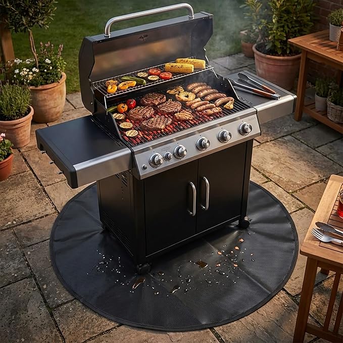 SheeChung Under Grill Mat for Outdoor Grill,Double-Sided Fireproof Oilproof Large Grill Mats,Slip/Heat Resistant Fire Pit Mat,BBQ Grill Accessories,Outdoor Fireplace Mats for Deck Patio Lawn-Round 52"