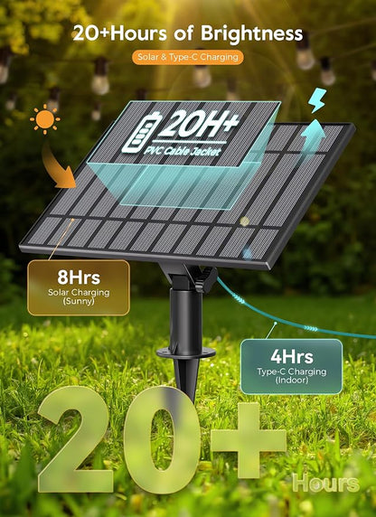 Minetom 163FT Solar String Lights Outdoor Waterproof,S14 Patio Lights | 52 LED Shatterproof Bulb, Remote Type-C Port Timable, 3 Light Modes Dimmable Solar String Lights for Outside, Yard, Camping