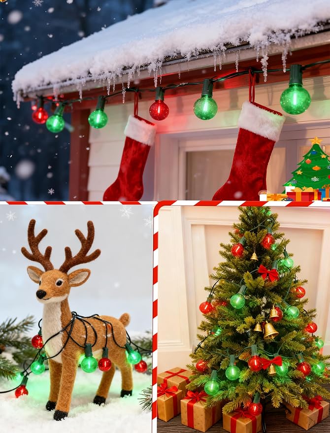 GOOTHY 50Ft Outdoor Red/Green Christmas Lights, G40 Globe Patio String Light with 25 Shatterproof Bulbs(2 Spare), Outside Christmas Lights for Holiday Party Backyard