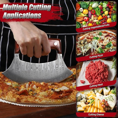 ROCOCO Pizza Cutter Ulu Knife – Full Tang Mezzaluna Rocker Chopper with Sheath for Kitchen, Camping, BBQ, Gifts for Men Women