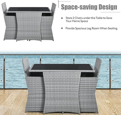 Tangkula 3 Pieces Patio Dining Set, Patiojoy Space-Saving PE Rattan Bistro Set with Tempered Glass Top Table and Cushioned Chairs, Outdoor Conversation Set for Garden, Backyard, Poolside, Porch