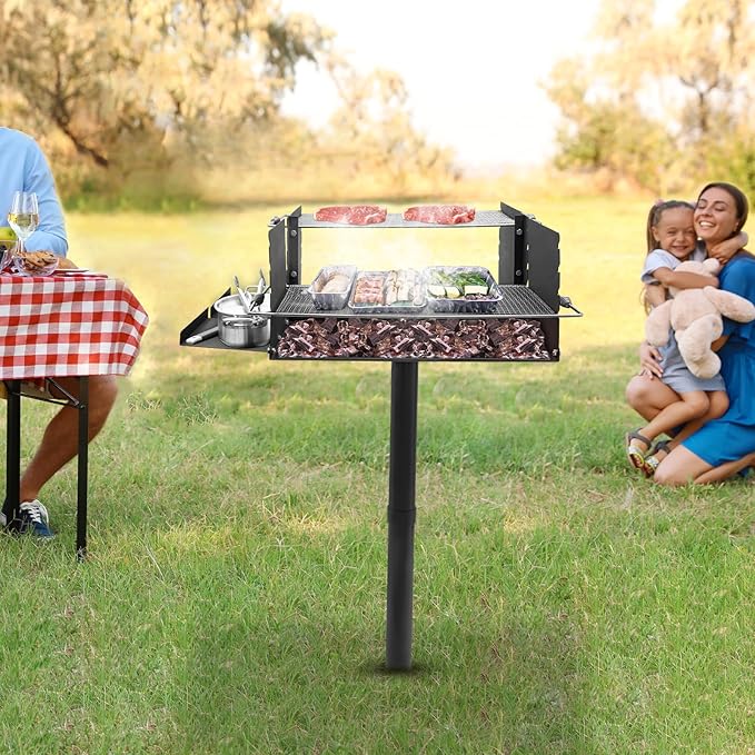 Portable Charcoal Grill, Freestanding Single Post Outdoor Charcoal Grill 4 Gears Adjustable Grate Height Stainless Steel Camping Grill for Outdoor Barbecues, Parties (Black)