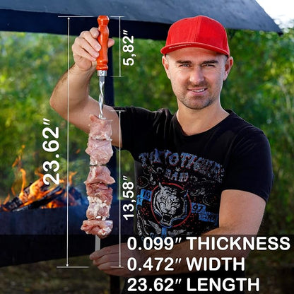 Premium BBQ Skewers with Wooden Handles 23.6" Shish Kabob Skewers Stainless Steel Long & Reusable Kabob Sticks Barbecue Skewers for Grilling Set of 6 Piece (6, 23.6 Inches)