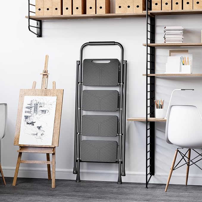 KINGRACK 4 Step Ladder, Folding Step Stool with Anti-Slip Pedals | Heavy Sturdy Steel ladder with Handrail, Safe-Lock Design, Multi-Purpose, Home, Kitchen, Pass 500lbs Load Testing, Black