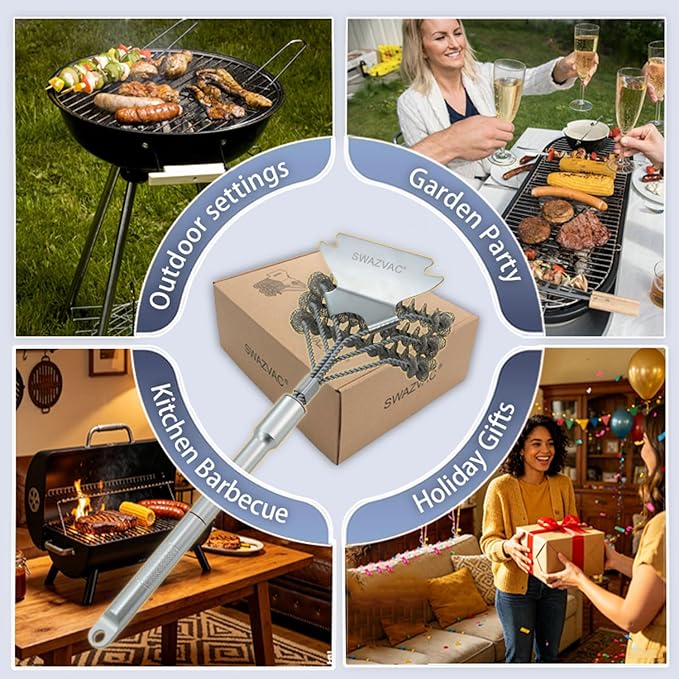 Stainless Steel BBQ Grill Brush with Detachable Aluminum Handle The Combination of the Coiled Wire Brush and the Sturdy Scraper, Bristle Free Detachable Design for Easy Storage