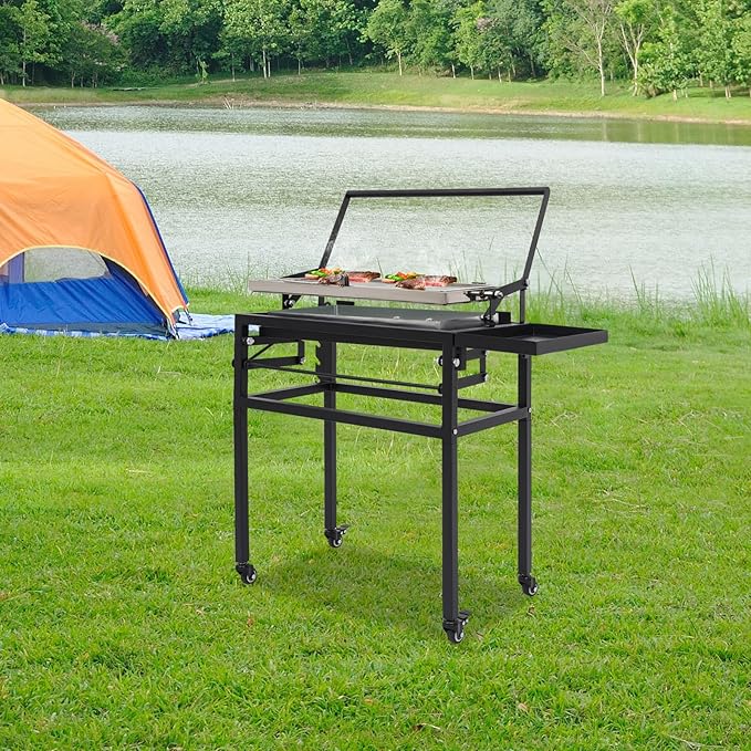 Portable Charcoal-Fired Flip-Grill Barbecue Rack, 360° Rotating Charcoal Grill with Wheels, Black Outdoor Camping Barbecue Grill for Outdoor Camping Picnicking Backyard Garden Parties