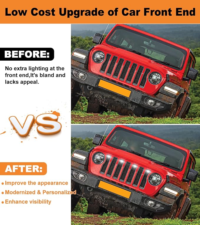 LED Grill Lights for Jeep Wrangler JL JLU Accessories 2018-2023, White | Direct-Snap Front Grille LED Accent Marker Lights, IP68 Waterproof, Enhanced Night Visibility, Raptor-Style Exterior Lighting