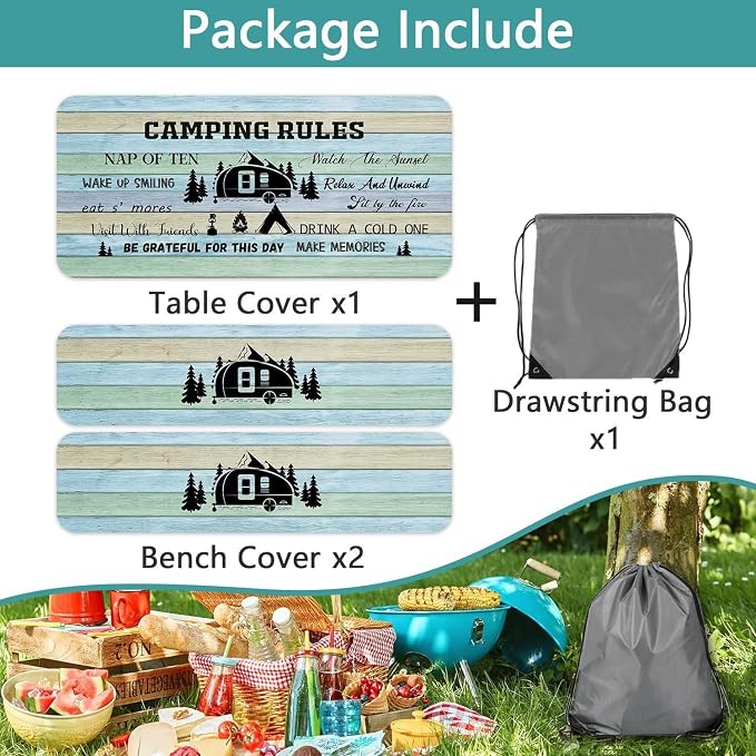 Wooden Camping Rules Picnic Table Cover with Bench Covers and Bag, Waterproof Windproof, Fitted Tablecloth Cover with Elastic Edge, for Indoor & Outdoor, Garden, Camping, 3 Pieces Set, 30x72 Inch