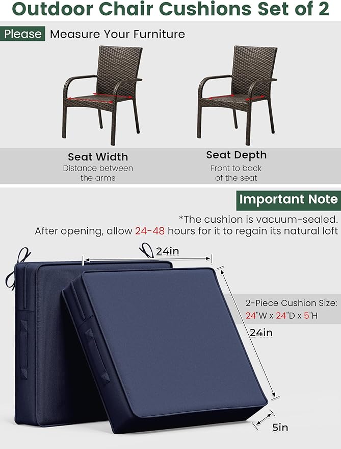 Outdoor Chair Cushion 24 x 24 x 5 Inches Patio Furniture Outdoor Waterproof Seat Cushion, Patio Chair Cushion with Handles and Ties, Square Dining Chair Cushion Set of 2, Navy Blue