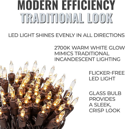 612 Vermont 100 LED Clear Christmas String Lights, Brown Wire Cord | Flicker-Free LED Technology, Warm-White, UL Approved Indoor Outdoor Use, 24.75 Foot Lighted Length, 25.4 Foot Total Length