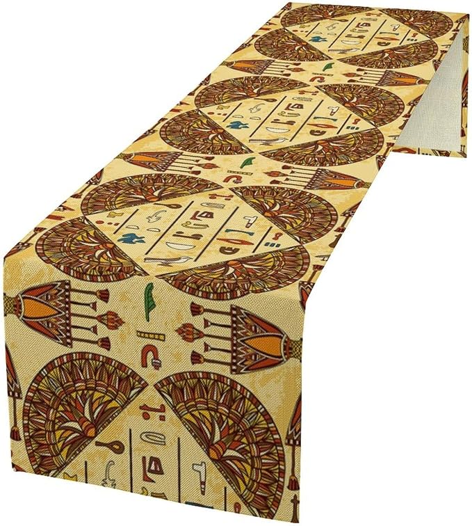 Vintage Ancient Egypt Table Runner Retro Old Egyptian Hieroglyphics Print Mysterious Egypt Culture Dinner Runner for Home Kitchen Dining Table Party Holiday Decor 13x108in