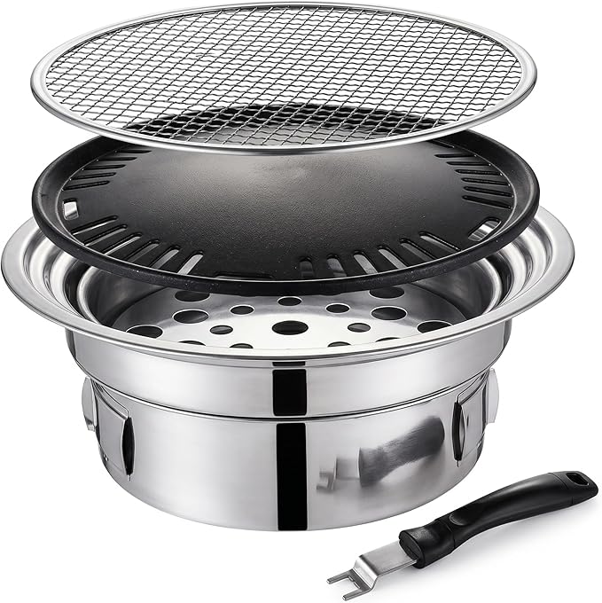 Korean Grill, Korean Bbq Grill, Portable Charcoal Grills with Non-Stick Pan & Net, Small Indoor/Outdoor Charcoal - Indoor