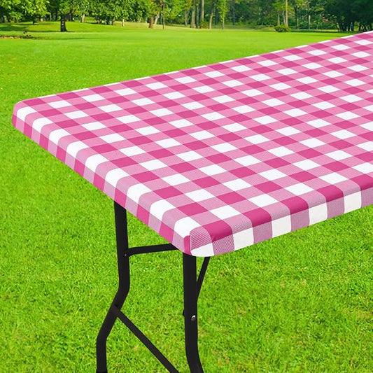 Smiry Rectangle Picnic Table Cloth, Elastic Waterproof Fitted Vinyl Tablecloths, Flannel Backed Buffalo Plaid Table Covers for Dining, Camping, Outdoor (Hot Pink and White, 24" x 48")