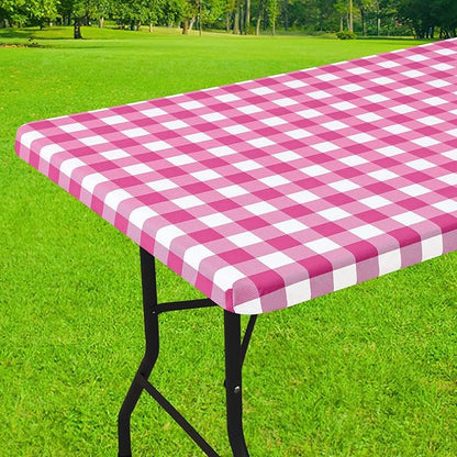 Smiry Rectangle Picnic Table Cloth, Elastic Waterproof Fitted Vinyl Tablecloths, Flannel Backed Buffalo Plaid Table Covers for Dining, Camping, Outdoor (Hot Pink and White, 30" x 96")