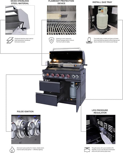 83" All-in-One Outdoor Kitchen Island,6 Burner Modular Kitchen with Grill Station Cabinetry,304 Stainless Black Granite, Sink, Fridge, BBQ Set for Patios & Backyards (Black,83 IN-Fridge))