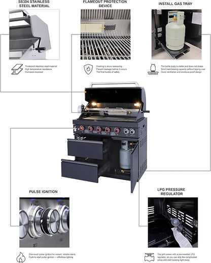 102.4 Inch Outdoor Kitchen Island | 4 Burner Propane Gas BBQ Grill with Sink and Refrigerator, 59500 BTU 304 Stainless Steel, Black (Black, 102.4"')