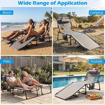 GYMAX Tanning Chair with Face Hole, Sun Bathing Lounge Chairs for Outside with Side Pocket, Folding Portable Face Down Layout Tanning Chair Beach, Backyard, Poolside, Lawn (Grey,1)