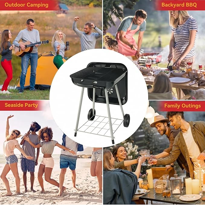 Portable 17.5-Inch Charcoal Kettle Grill with Wheels, Porcelain-Coated Steel Outdoor BBQ Smoker, Freestanding Grilling for Patio and Tailgating