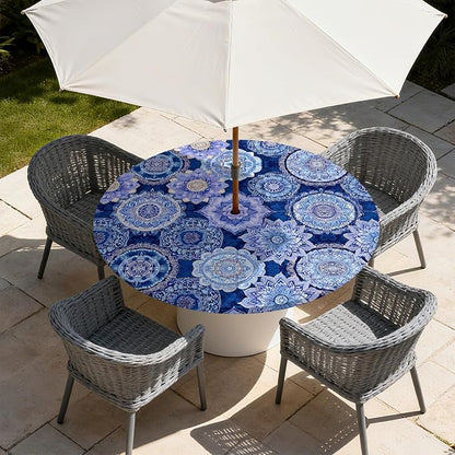 Outdoor Tablecloth with Umbrella Hole and Zipper Fits 45-48" Tables | Waterproof Round Fitted Tablecloth with Elastic Edge, Wipeable Outdoor Table Cover for Patio, Garden, Picnic
