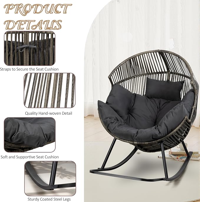 Shintenchi Wicker Egg Chair,Oversized Outdoor Indoor Rocking Chair, Large PE Rattan Rocking Chair with Cushion for Patio, Balcony, Backyard, Garden, Deep Grey