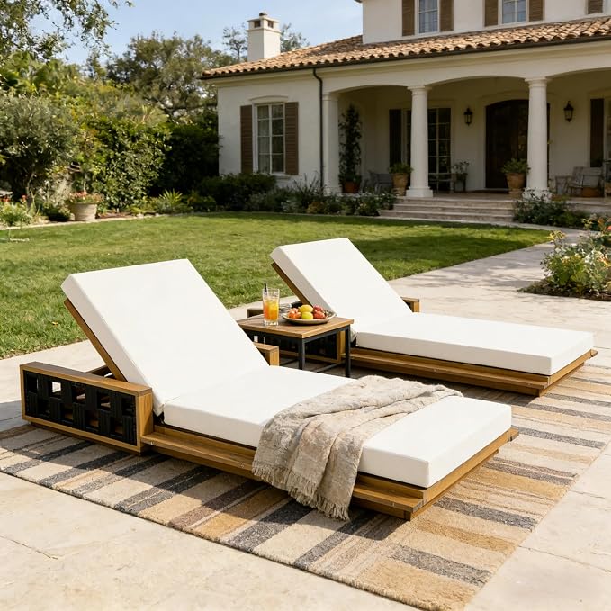 Merax Outdoor Chaise Lounge Set of 2, Acacia Wood Patio Reclining Chairs with 4-Position Adjustable Backrest, 2-Piece Sunbathing Recliner & 4" Thick Double-fold Cushion for Poolside, Garden, Beige