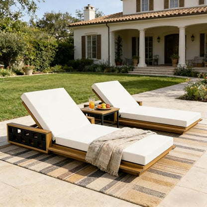 Merax Outdoor Chaise Lounge Set of 2, Acacia Wood Patio Reclining Chairs with 4-Position Adjustable Backrest, 2-Piece Sunbathing Recliner & 4" Thick Double-fold Cushion for Poolside, Garden, Beige