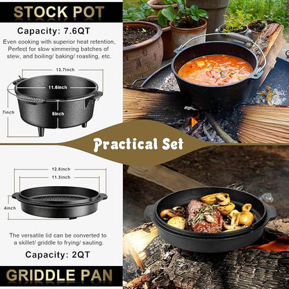 Joyfair Pre-seasoned Cast Iron Camp Dutch Oven, 7.6QT Pot & 2QT Skillet Lid | Open Fire Camping Cookware Set For Outdoor Campfire Cooking - Stewing Chicken,Baking Sourdough Bread, Plus Cleaner, Oven Safe