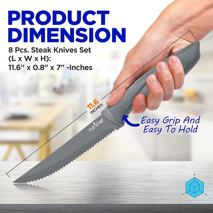 SereneLife Stainless Steel Knife Set, 8 Pcs. - Non-Stick Coating, Sharp Serrated Blades, Professional Kitchen Set, Rust-Resistant, Dishwasher Safe, Ideal for BBQ & Grilling, Gray
