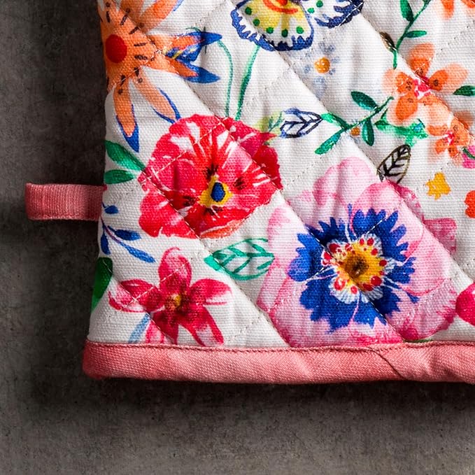 Maison d'Hermine Oven Gloves 100% Cotton Oven Mitt 7" x 13" with Loop Heat Resistant Cooking Gloves Baking Grilling Kitchen Hotel Home Farmhouse Spring Summer(Pack of 1, Happy Florals - High Summer)