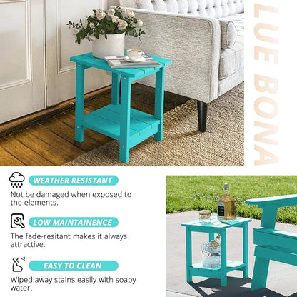 LUE BONA Adirondack Outdoor Side Table, 2-Tier Aruba Blue HDPS Patio End Table Weather Resistant, Outdoor Morden Side Table for Patio, Pool, Porch | 2-Tier Shelf for Extra Storage, Small End Table for Pool, Porch, Balcony, Weather Resistant HDPS, Easy ...