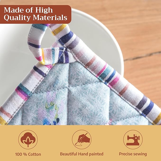 Maison d' Hermine 100% Cotton Oven Mitt & Pot Holder Set (7.5"x13" & 8"x8") Heat Resistant BBQ Cooking Gloves with Loop Grilling Kitchen Hotel Home Farmhouse Spring Summer (Sweet Rose Lavender - Lush)