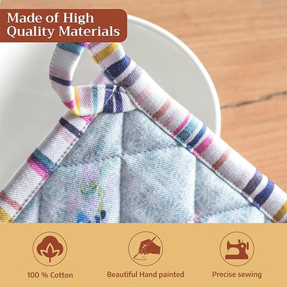 Maison d' Hermine 100% Cotton Oven Mitt & Pot Holder Set (7.5"x13" & 8"x8") Heat Resistant BBQ Cooking Gloves with Loop Grilling Kitchen Hotel Home Farmhouse Spring Summer (Sweet Rose Lavender - Lush)