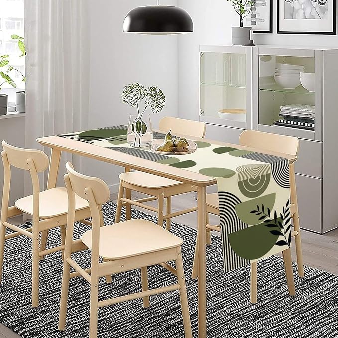 Boho Leaves Table Runner Sage Green Tropical Palms Tree Mid Century Modern Abstract Arch Geometric Dinner Runner for Farmhouse Cabin Home Kitchen Dining Holiday Party Decor 13x90in