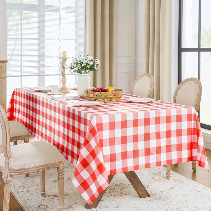 Softalker Gingham Checkered Tablecloth Rectangle - Outdoor Waterproof Buffalo Plaid Table Cloth, Stain Resistant Washable Table Cover for Picnic, Camping, Dining - Red and White, 54 x 108 Inch